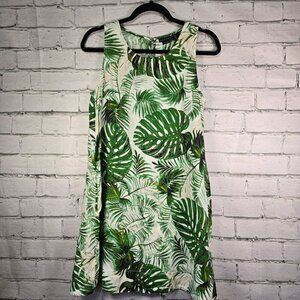 WOMENS TAHARI SHIFT DRESS LINEN WHITE WITH TROPICAL GREEN LEAF PRINT SIZE SMALL
